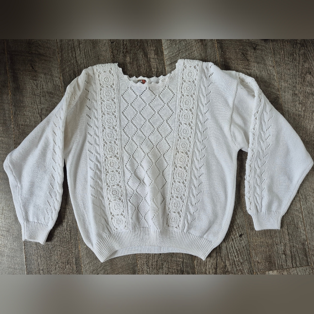 Vintage Alison H Women's 100% Cotton Cottagecore White Pullover Knit Sweater